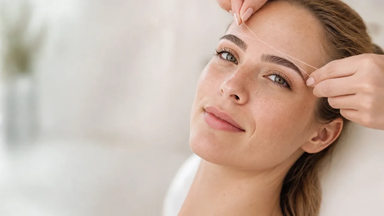 A woman with a relaxed smile receiving a professional eyebrow threading treatment in a bright, modern salon.