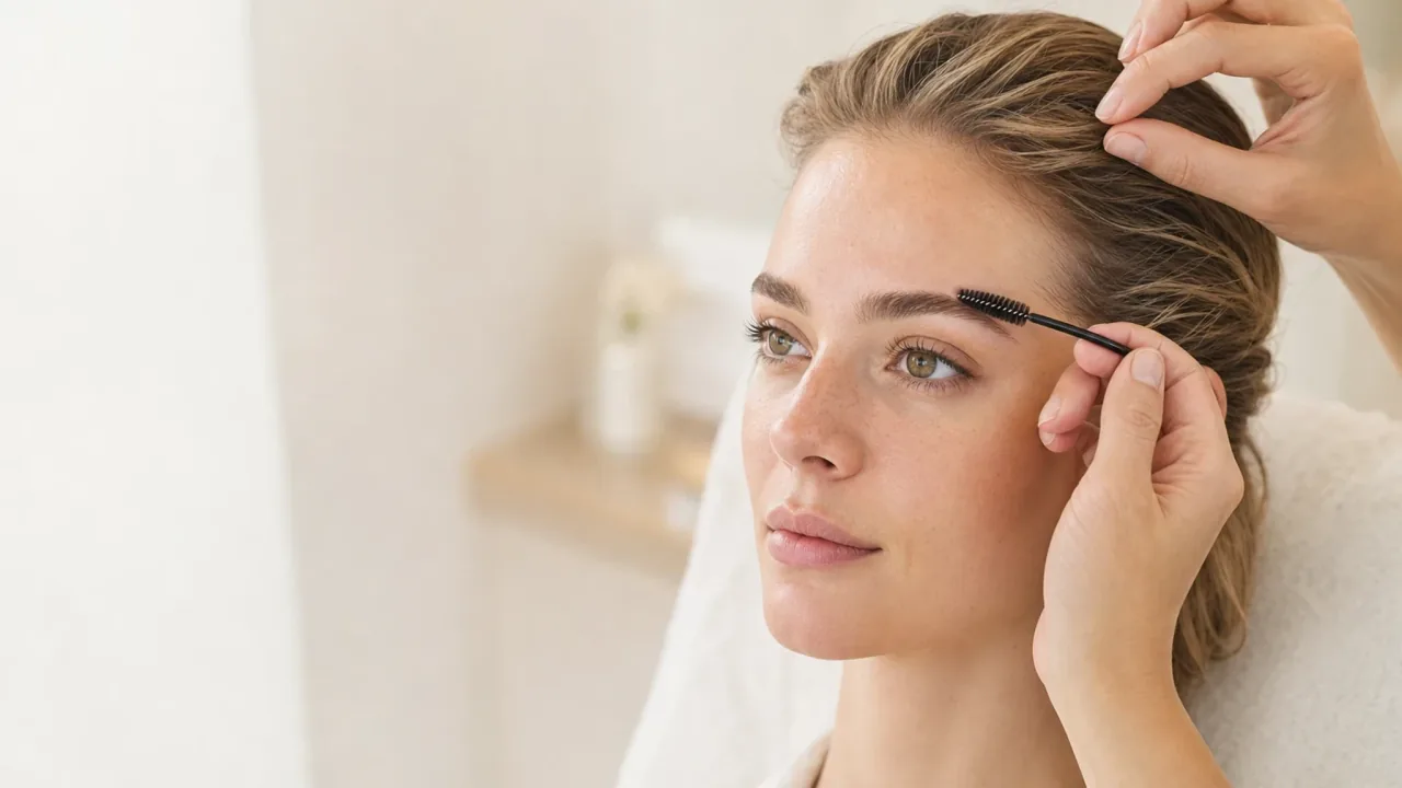 A woman having her eyebrows gently groomed and shaped with a spoolie brush in a bright, modern salon.