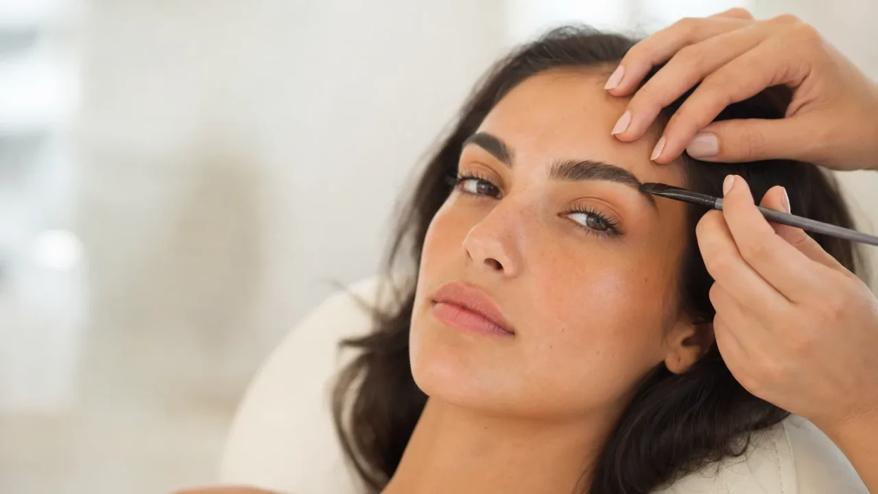 An Argentinian woman receiving a professional eyebrow tint applied with a fine brush in a bright, modern salon.