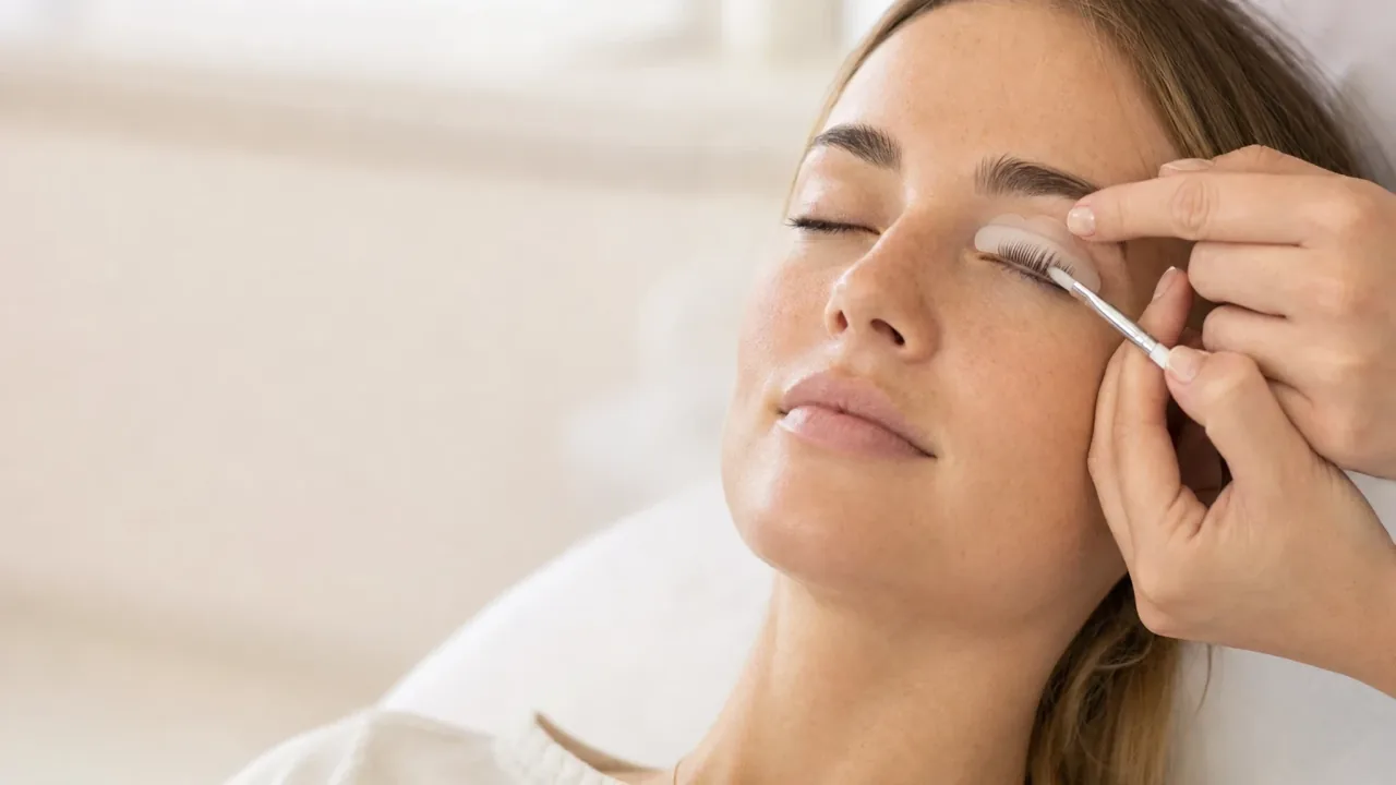 A woman with her eyes gently closed during a professional eyelash lift treatment in a bright, modern salon.
