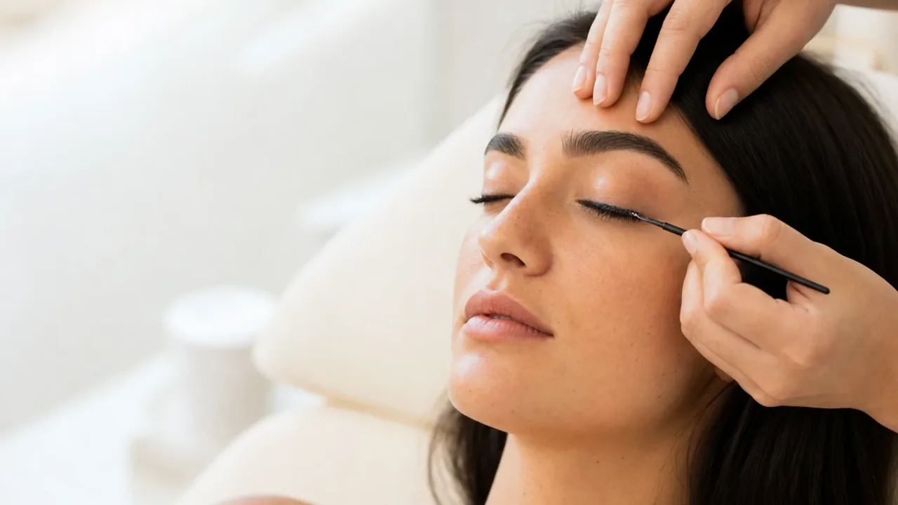 A Spanish woman with her eyes gently closed during a professional eyelash tint treatment in a bright, modern salon.